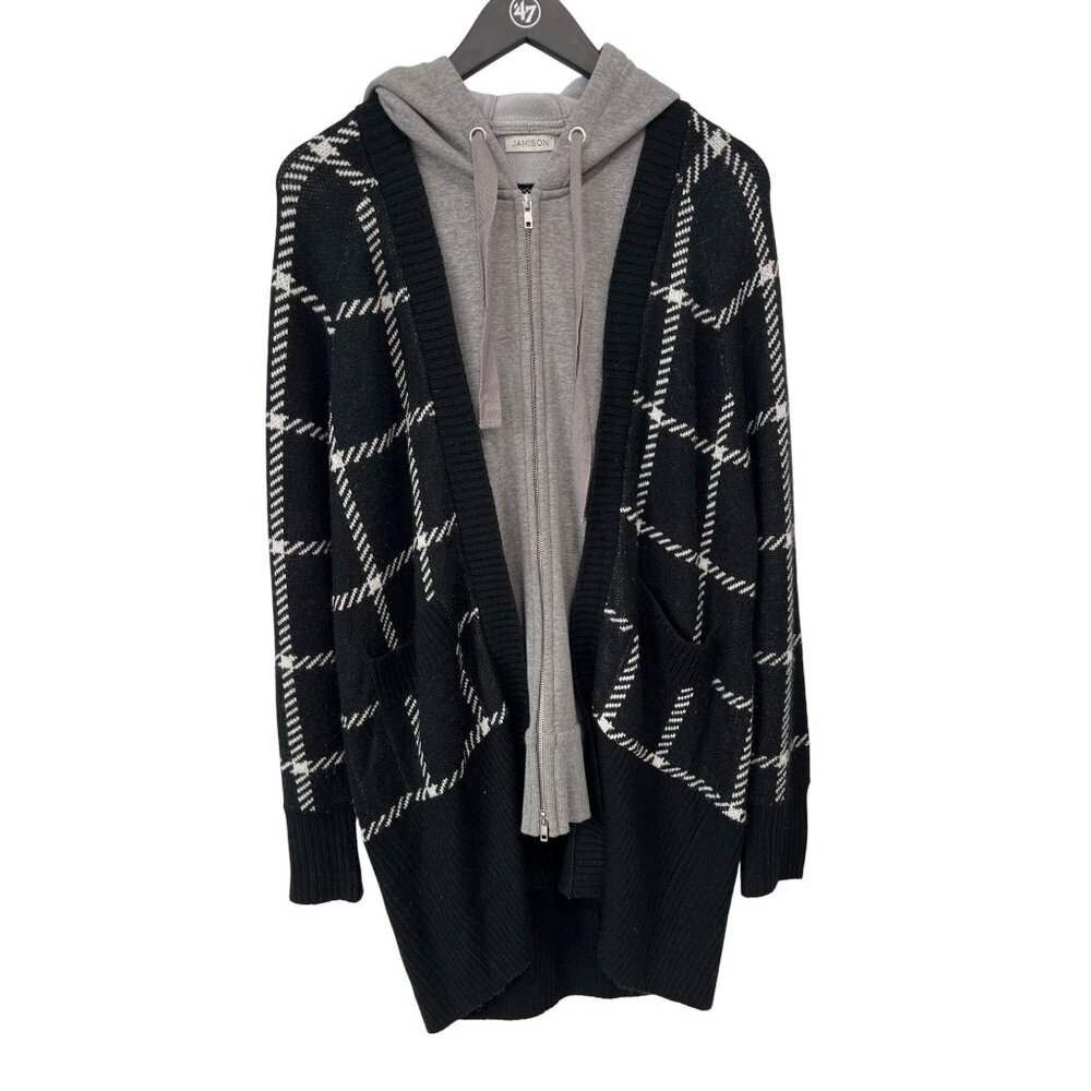 Jamison Plaid Full Zip Hooded Cardigan Size Small Long Sleeve Black Gray Relaxed